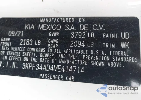 2021 Kia Forte Gt-Line from USA, damaged, VIN 3KPF34AD4ME414714